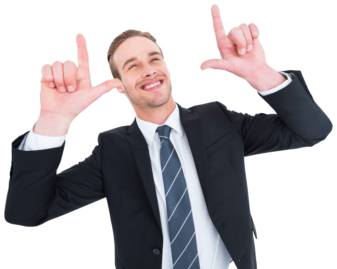 Transparent Smiling Businessman Excitedly Pointing Upwards
