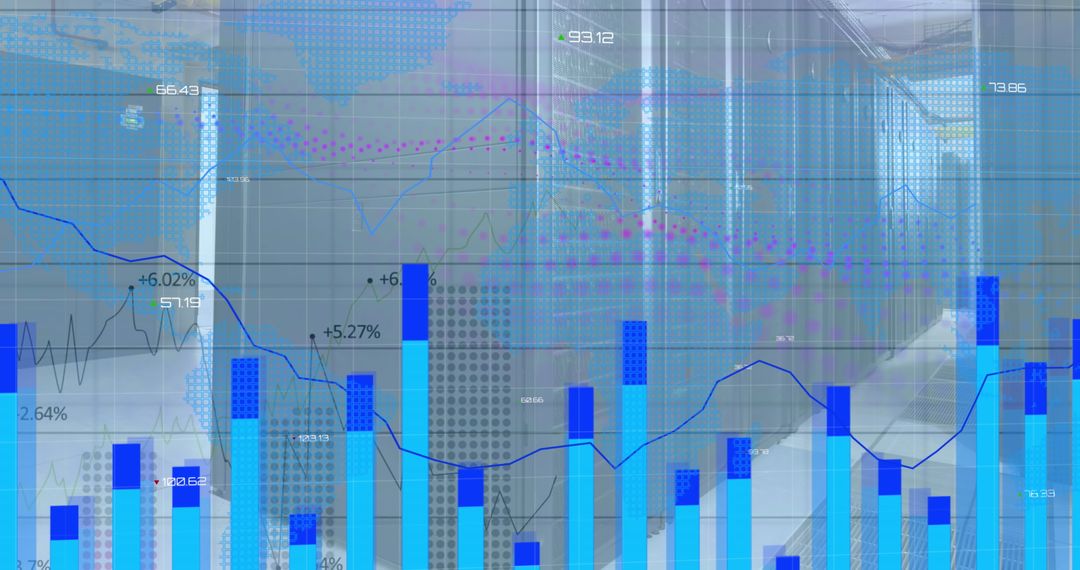 Abstract Financial Graphs and Data Overlaid on Server Room
