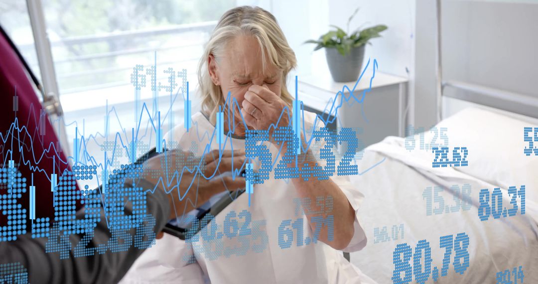 Doctor Consulting Senior Patient with Data Interface Overlay in Hospital Room