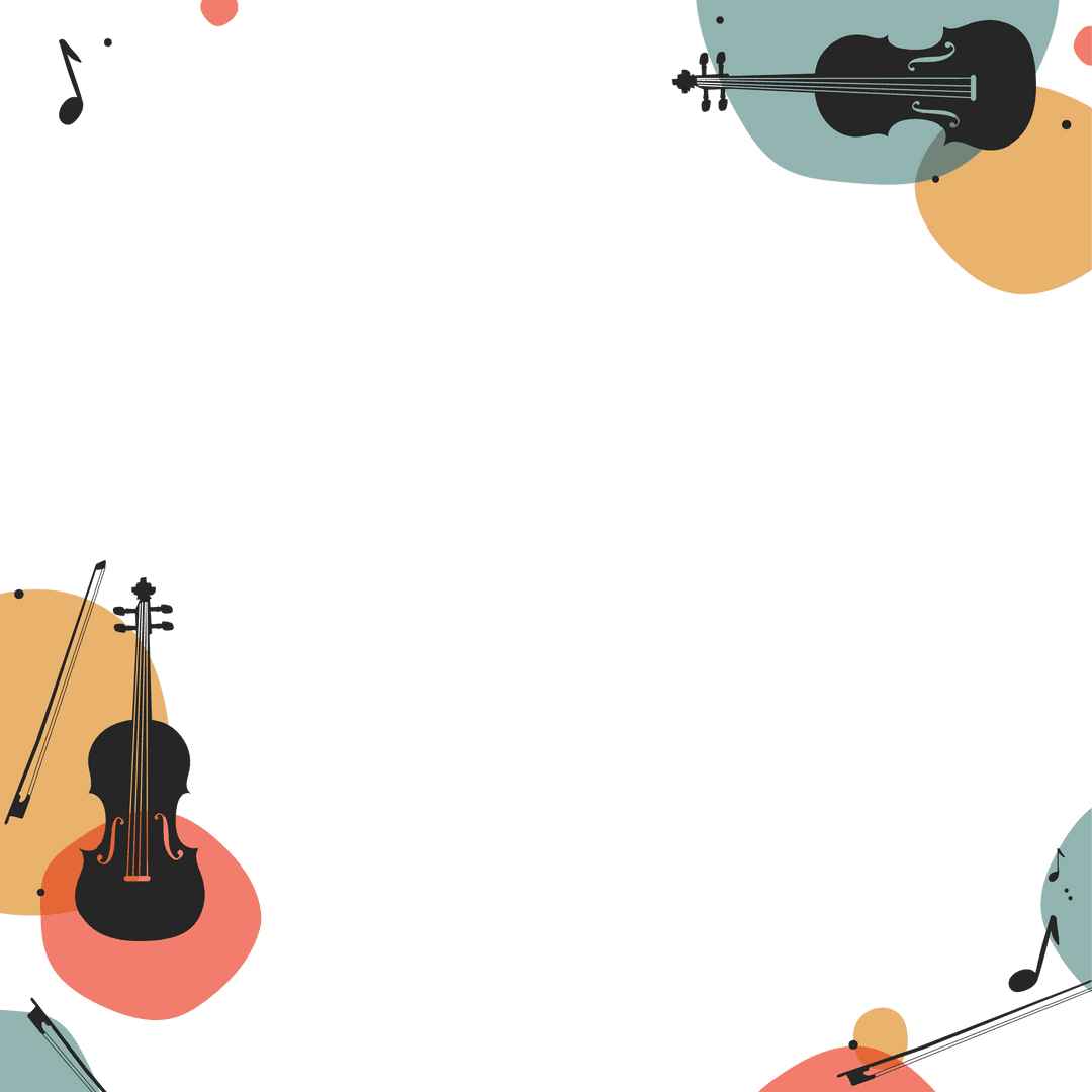 Violin Silhouettes with Musical Notes and Colorful Circles on Transparent Background