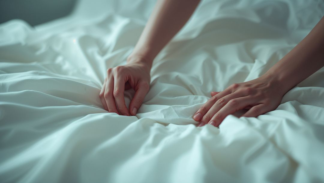 Hands Neatly Pressing Crisp White Sheets in a Peaceful Bedroom