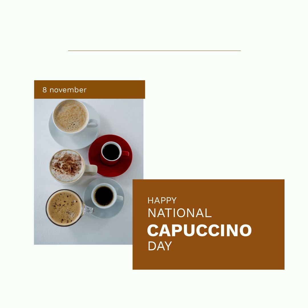 Digital image of various coffee drinks with happy national cappuccino day text on white background - Download Free Stock Templates Pikwizard.com