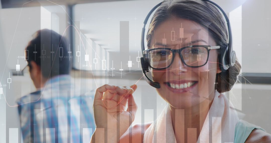 Smiling Consultant with Headset Monitors Financial Data