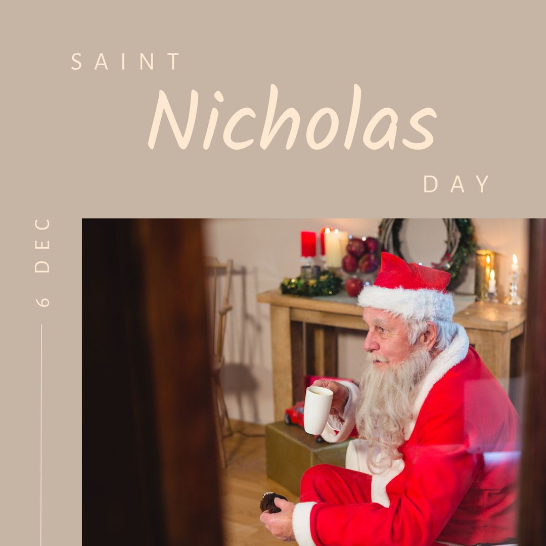 Santa Claus Relaxing with Hot Drink on Saint Nicholas Day - Download Free Stock Templates Pikwizard.com