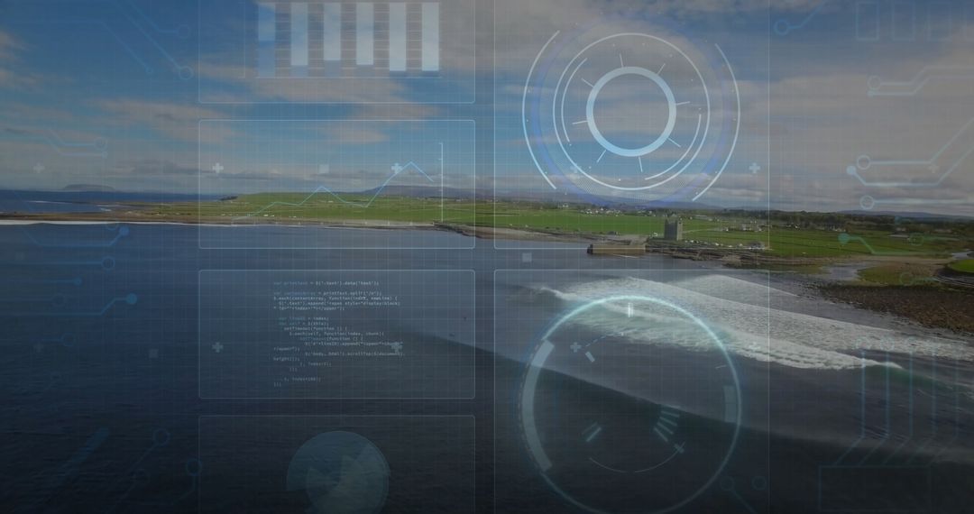 Futuristic Digital Interface over Coastal Landscape with HUD Elements