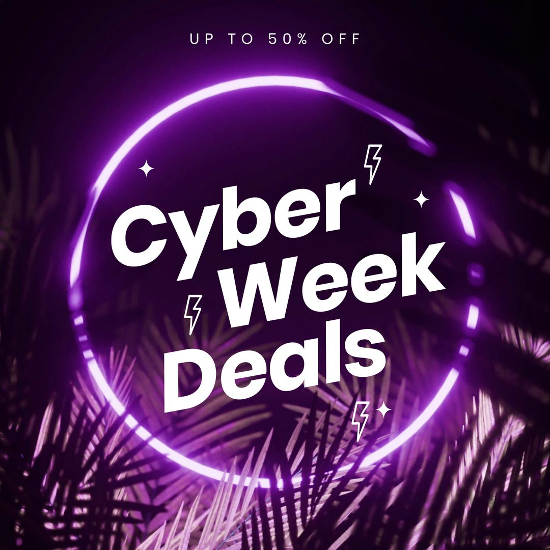 Cyber Week Deals Advertising Sign with Neon Light and Leaves