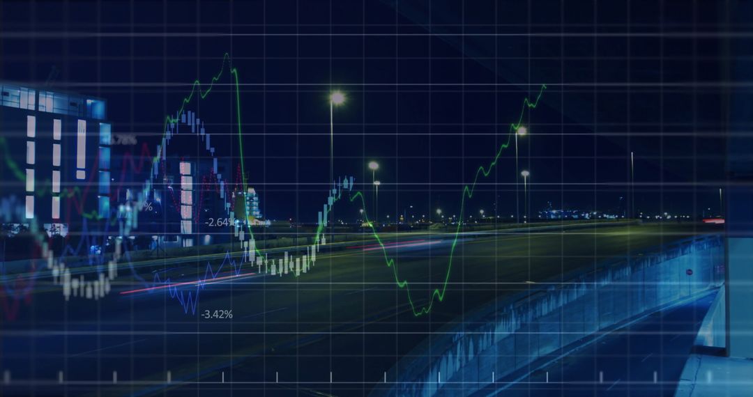 Urban Transport at Night with Data Overlaid Graphs Visualization