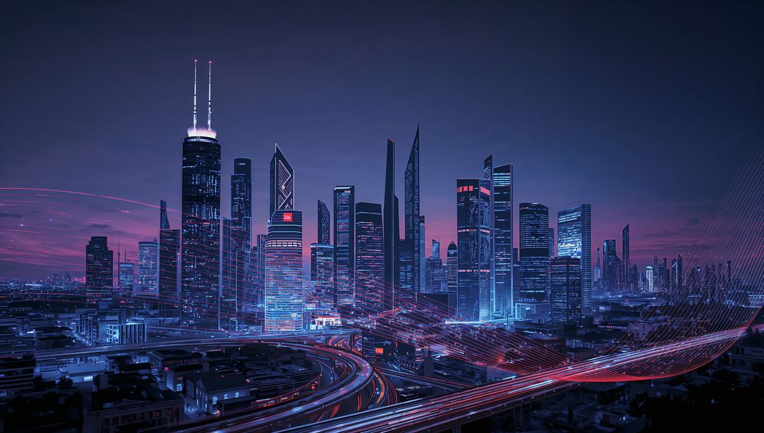 Neon Megacity Skyline Glowing at Dusk with Futuristic Light Trails Between Towers