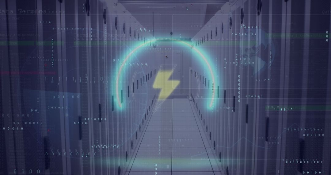 Binary Code Overlay on Futuristic Server Room