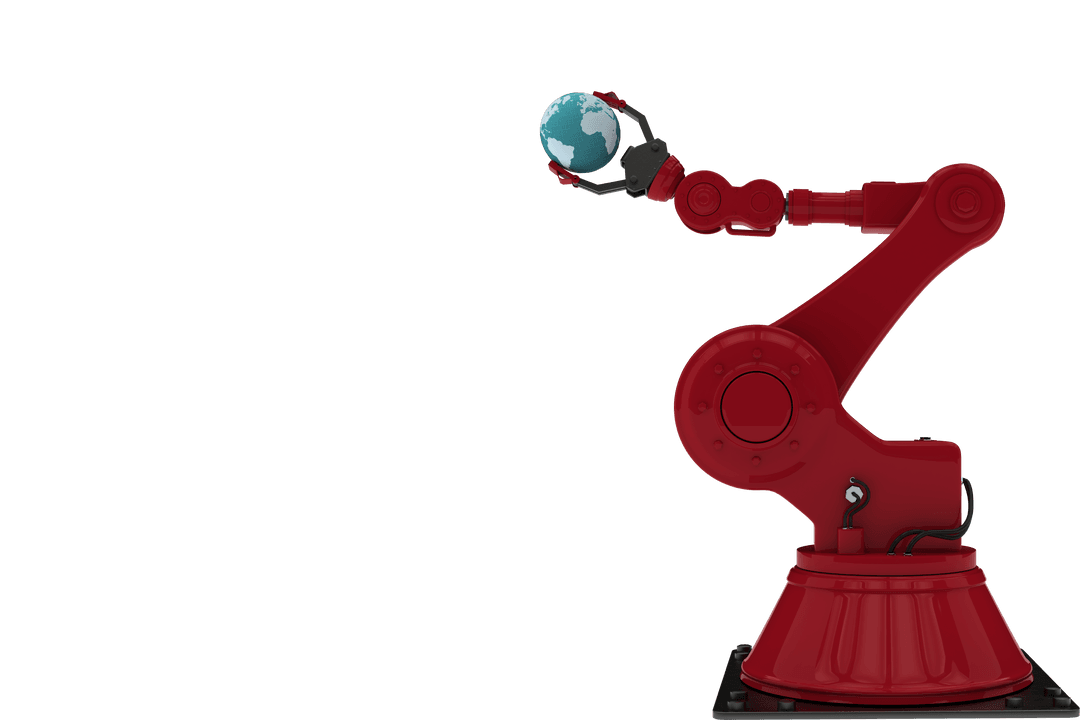 Transparent Red Robotic Arm Holding Small Planet Earth Globe