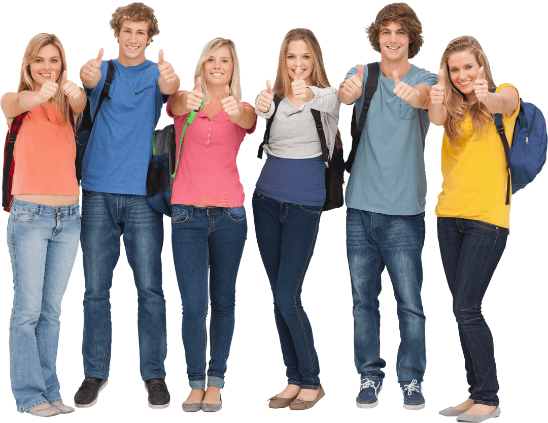 Transparent Group of Smiling Students Giving Thumbs Up with Backpacks