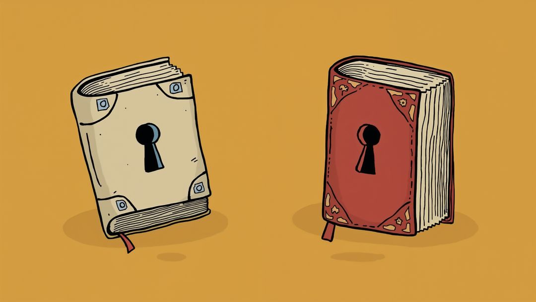 Symbolic Abstract Books with Keyhole Covers on Yellow Background