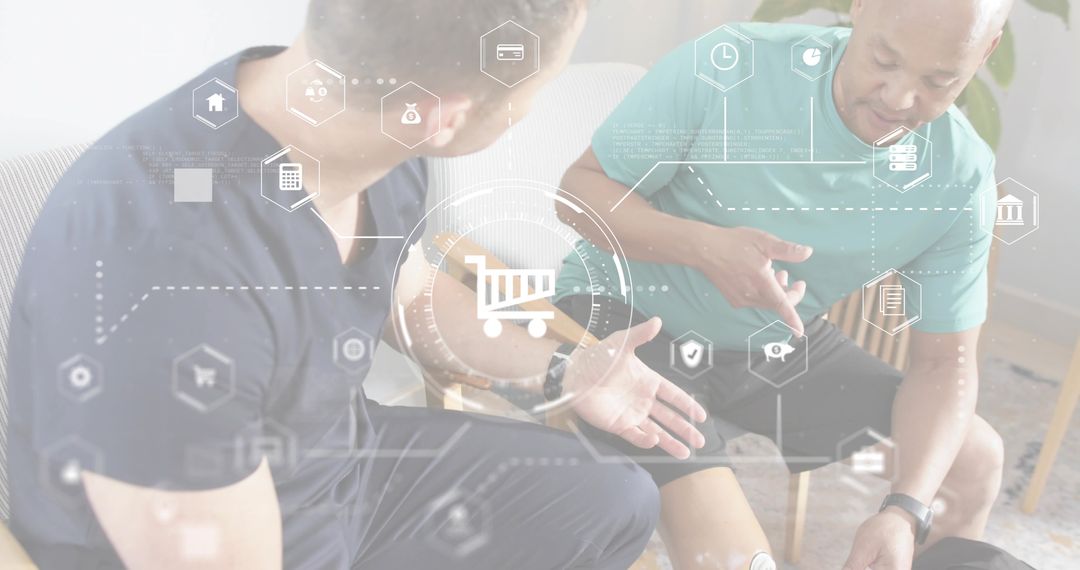 Discussing wearable leg sensor in casual home consultation with digital shopping overlay