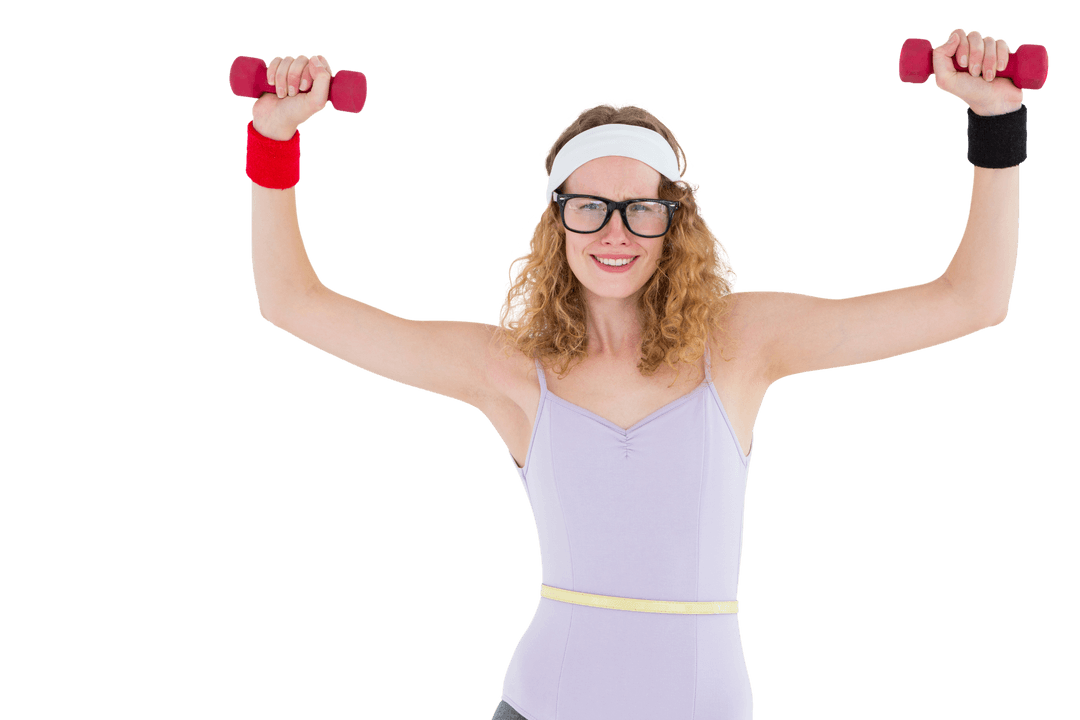 Transparent Geeky Hipster Exercising with Dumbbells in Retro Sportswear