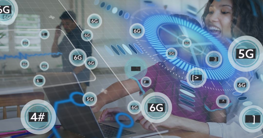 Businesswoman Engaging in Technology Integration with Digital Graphics Overlay