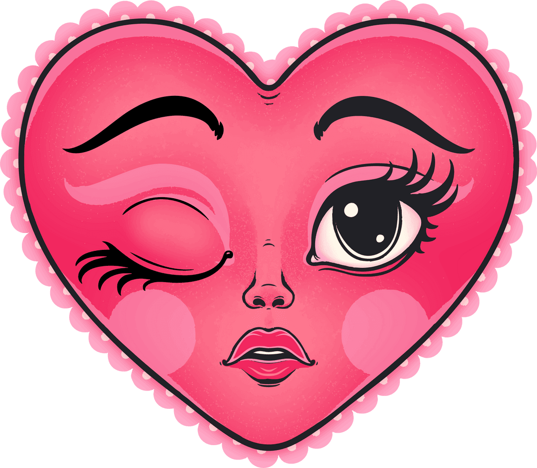 Whimsical Winking Heart with Glossy Lips on Transparent Background