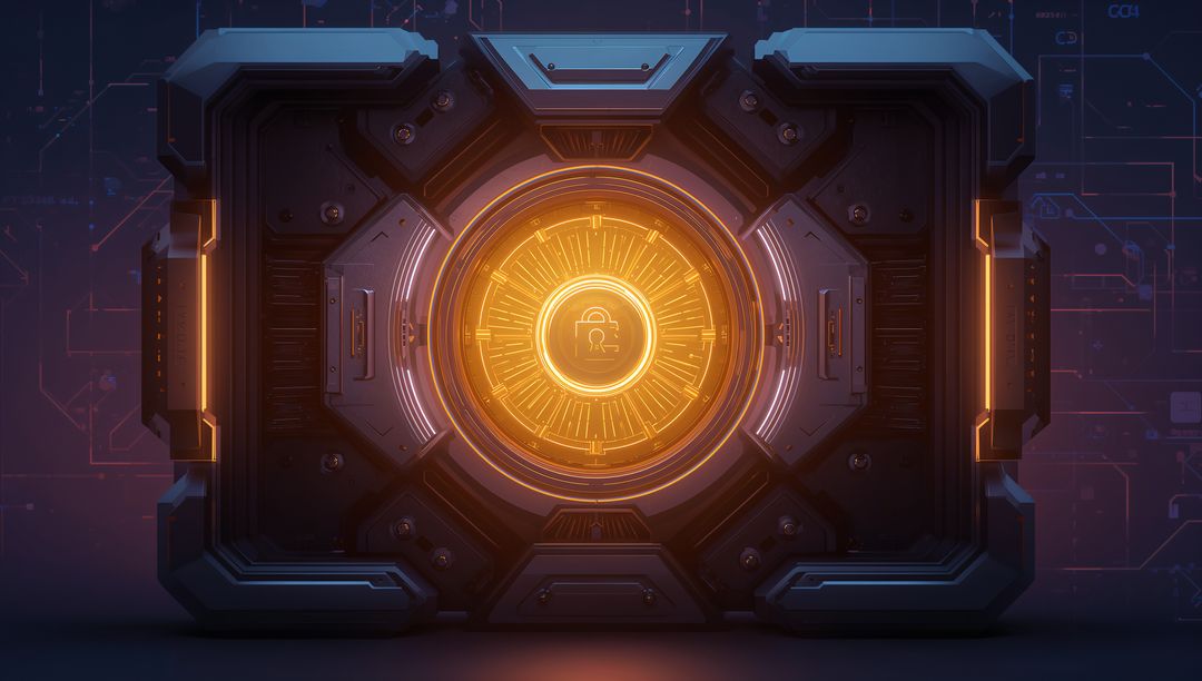 Futuristic Amber Energy Core Vault with Glowing Padlock, Circuitry and Secure Interface