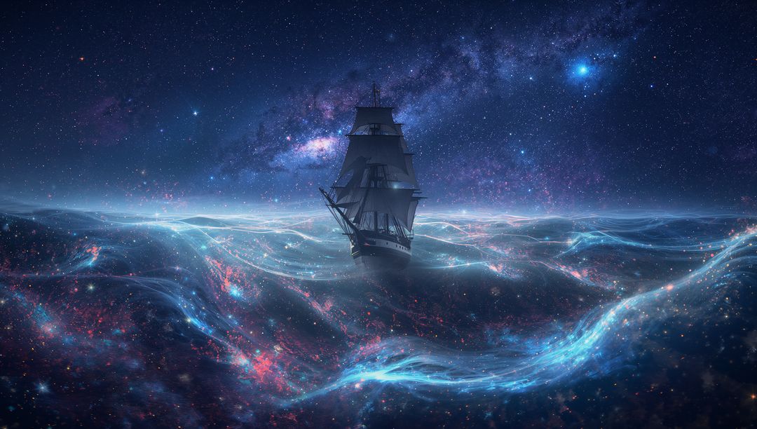 Mystical Voyage Ship Sailing Cosmic Ocean Surrounded by Glowing Nebula
