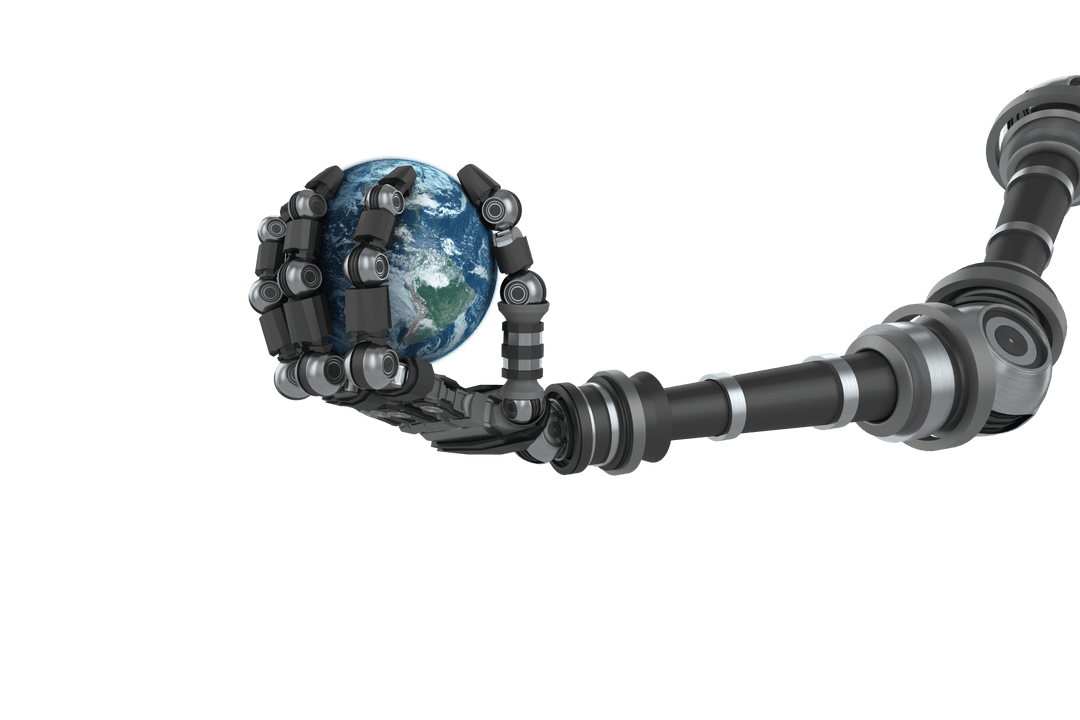 Robotic Arm Holding Earth Globe on Transparent Background in Digital Illustration