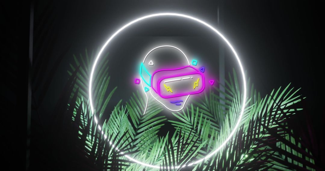 Futuristic Neon VR Headset with Glowing Palm Leaves