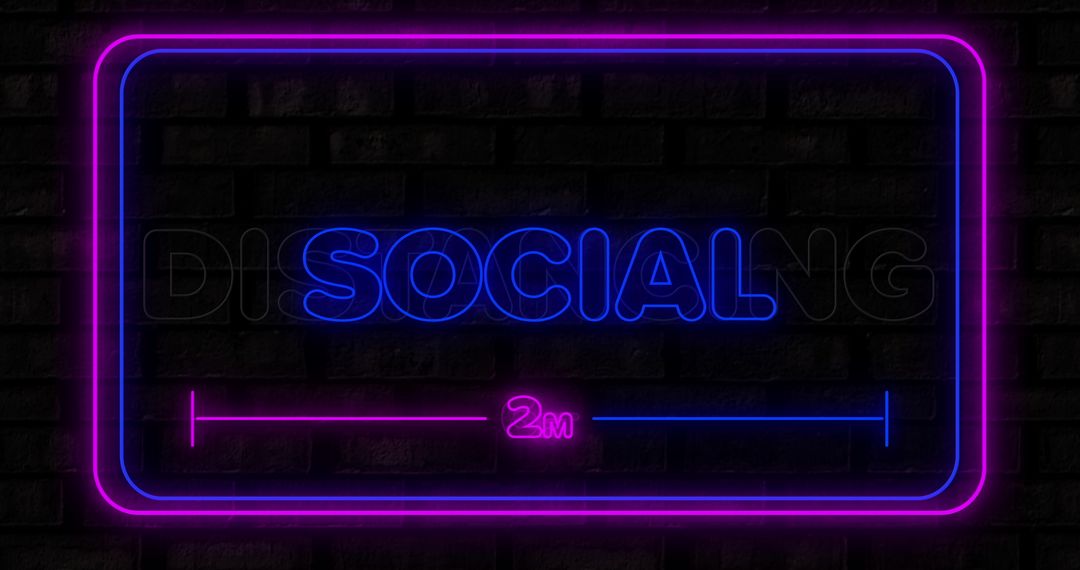 Neon Social Distancing Sign on Brick Wall