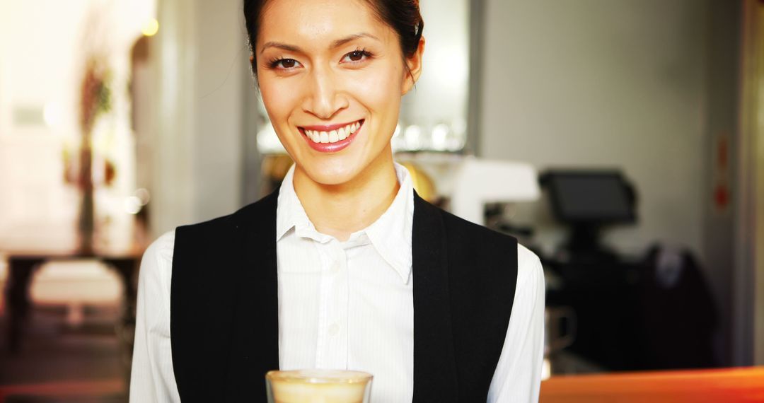 Smiling Barista Holding Freshly Made Latte in Café - Free Images, Stock Photos and Pictures on Pikwizard.com