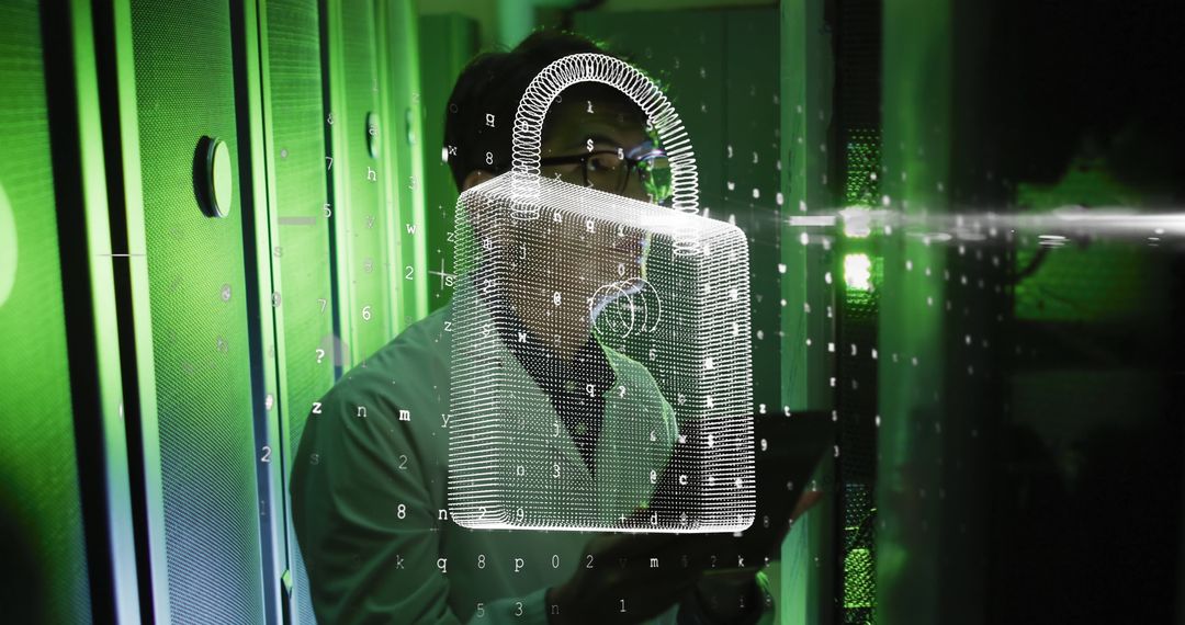 IT Engineer Understanding Data Security with Padlock Overlay