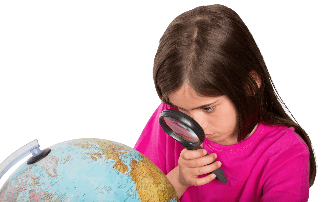 Curious Girl Examining Global Map with Magnifying Glass Transparent