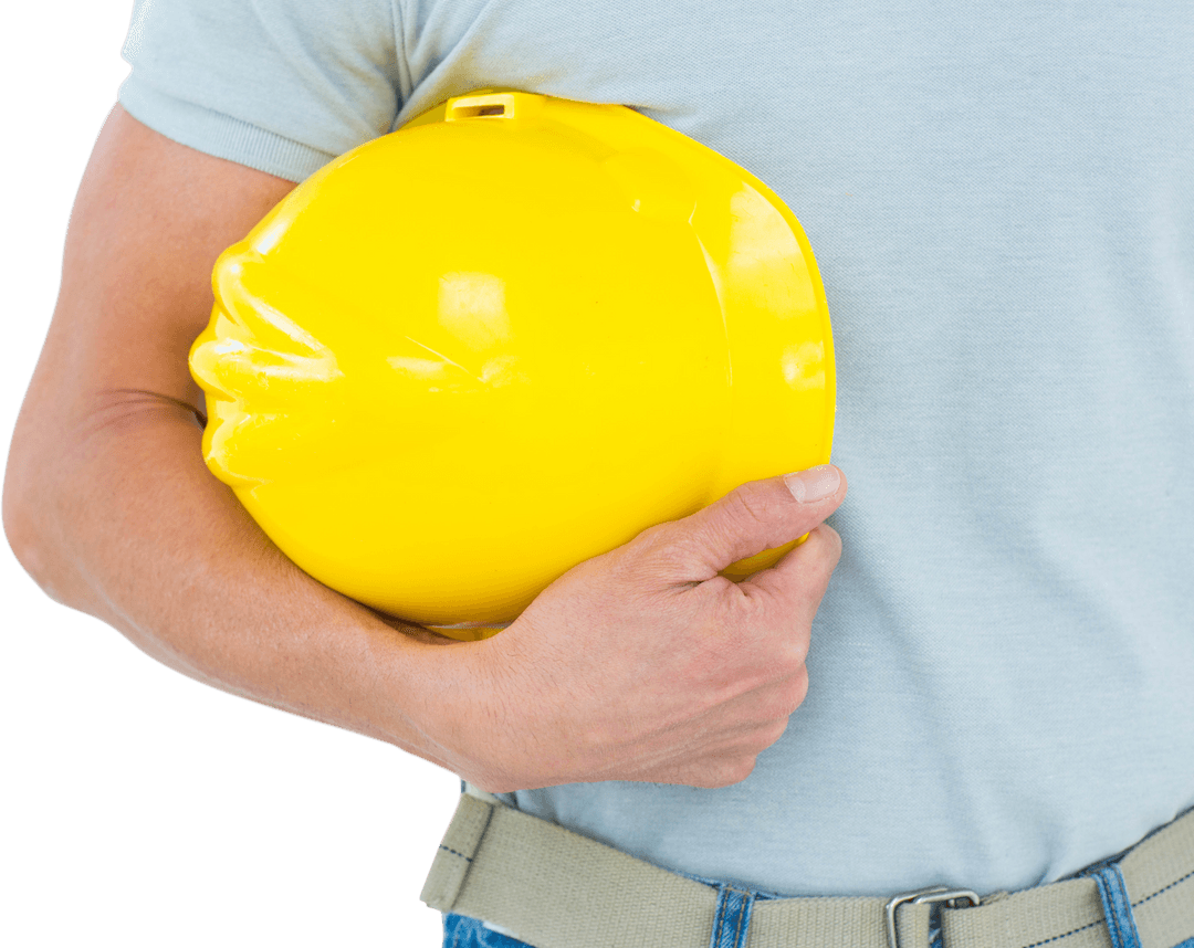 Technician Holding Yellow Transparent Hard Hat Close-up
