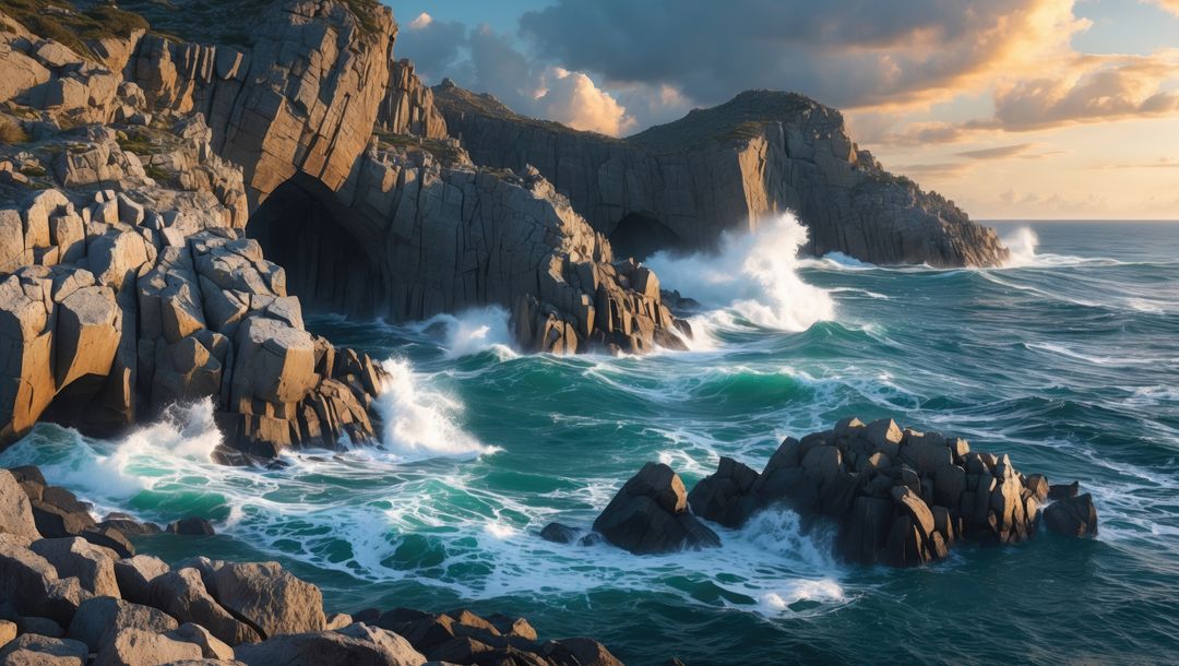 Dramatic Seascape with Crashing Waves on Rugged Granite Coastline