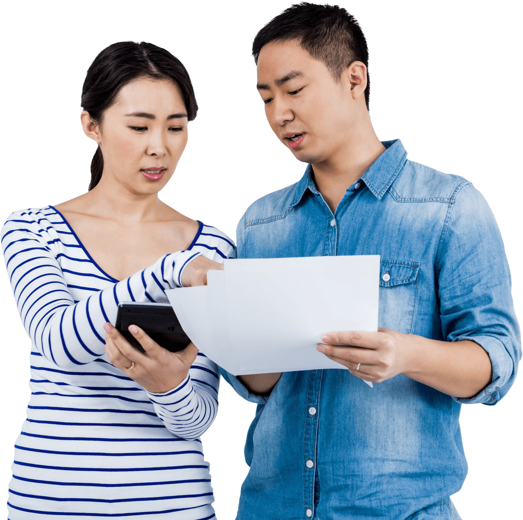 Asian Couple Discussing Finances with Calculator and Documents Transparent Background