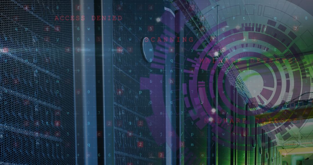 Digital Security Interface Overlaying Server Room Racks