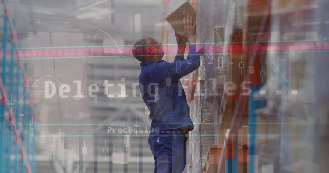 Warehouse Inventory Process with Data Overlay and Industrial Worker in Action