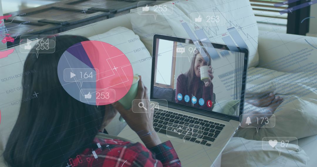Biracial Woman Video Calling with Social Media Visuals Overlay