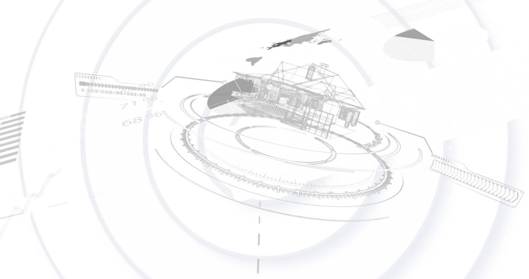 Futuristic Architecture Interface with 3D Wireframe Home and Data Charts