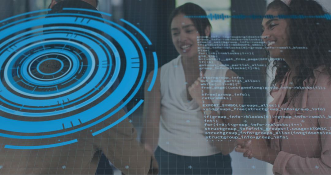 Business team collaborating around interactive HUD display and live code visualization