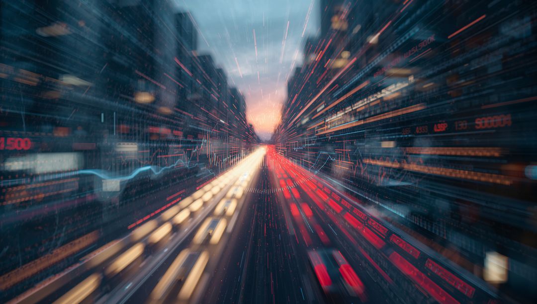 Futuristic Cityscape with Digital Light Trails and Data Visualization