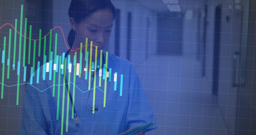 Nurse in Scrubs Reviewing Data with Overlaid Analytics Graphs
