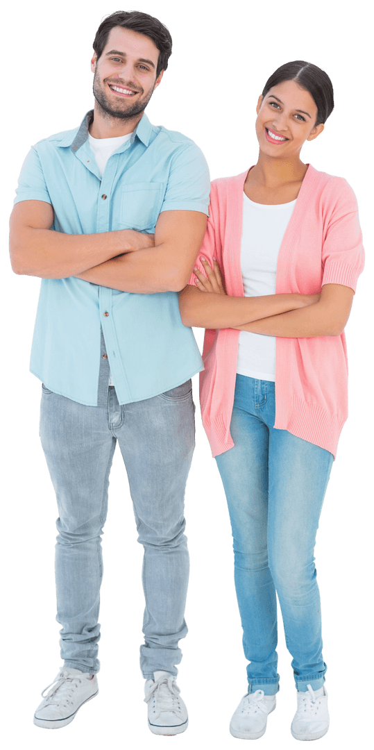 Transparent Smiling Couple Standing with Arms Crossed in Casual Outfits