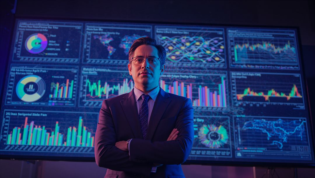 Confident Executive Analyzing Big Data with Digital Display Screens