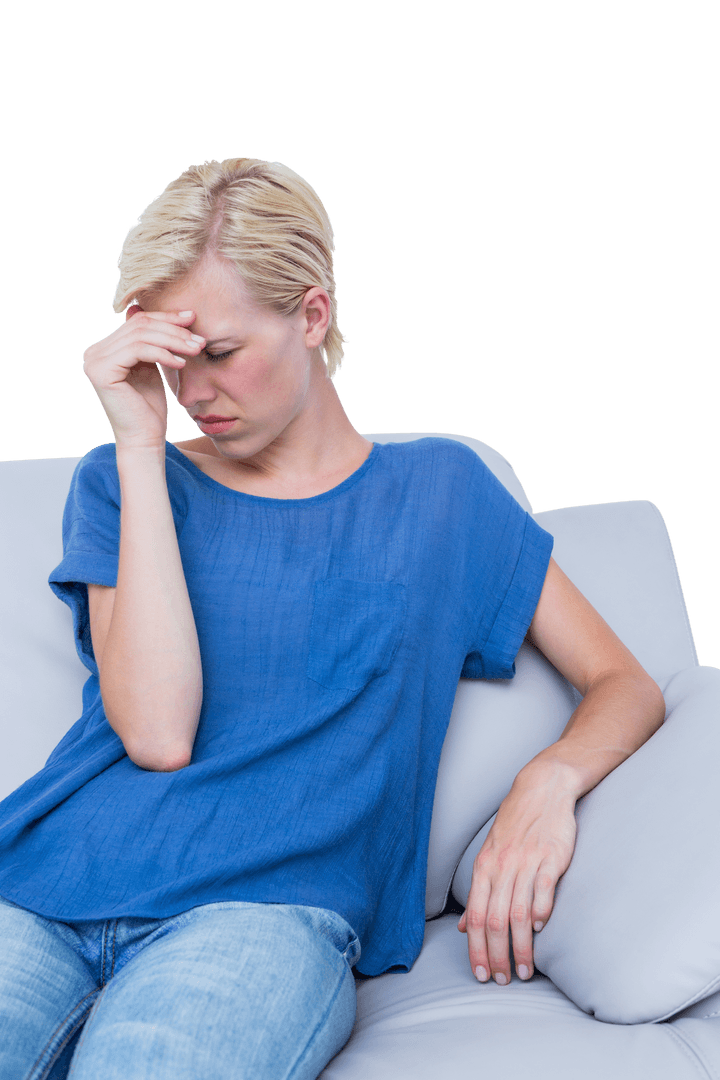 Woman in Blue Suffering from Headache with Transparent Background