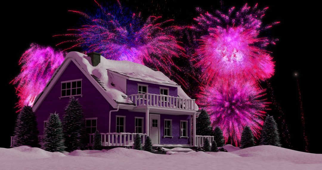 Pink Fireworks Celebrating Christmas Over Snowy Night House - Free Images, Stock Photos and Pictures on Pikwizard.com