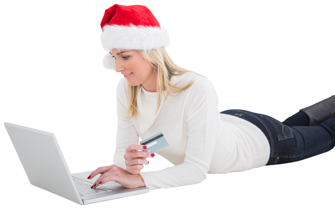 Caucasian Woman in Santa Hat Shopping Online with Credit Card on Transparent Background - Download Free Stock Images Pikwizard.com