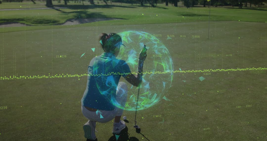 Woman Golfer Integrating AR Technology on Putting Green