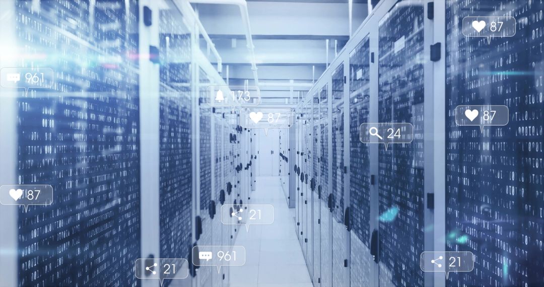 Futuristic Data Center with Virtual Interface Icons and Binary Code