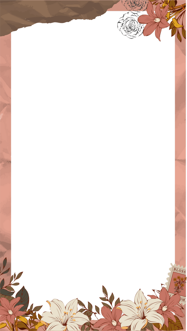 Elegant Flat Floral Frame with Torn-Paper Edge on Transparent Background