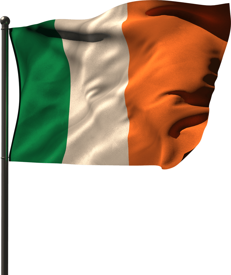 Transparent Waving Irish Flag on Metal Pole
