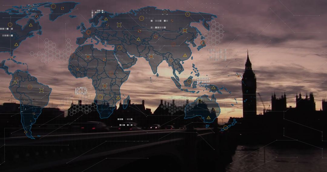 London Skyline at Dusk with Futuristic Hex Grid Overlay