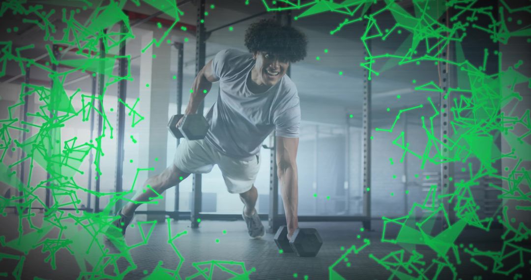 Athlete Performing Renegade Row Exercise in High-Tech Gym Scene