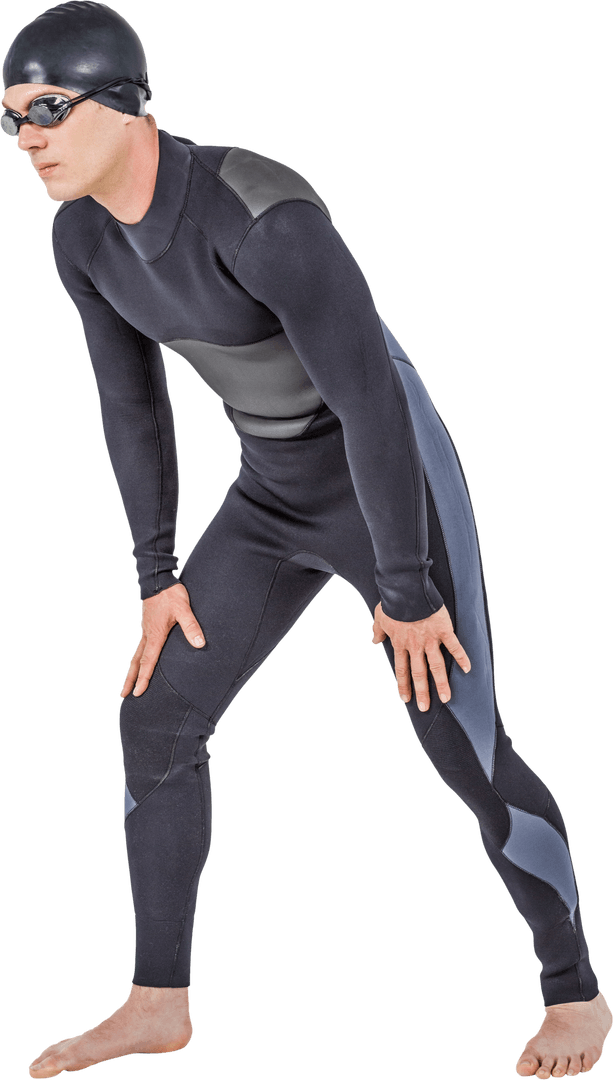 Swimmer in Wetsuit and Goggles Posing on Transparent Background